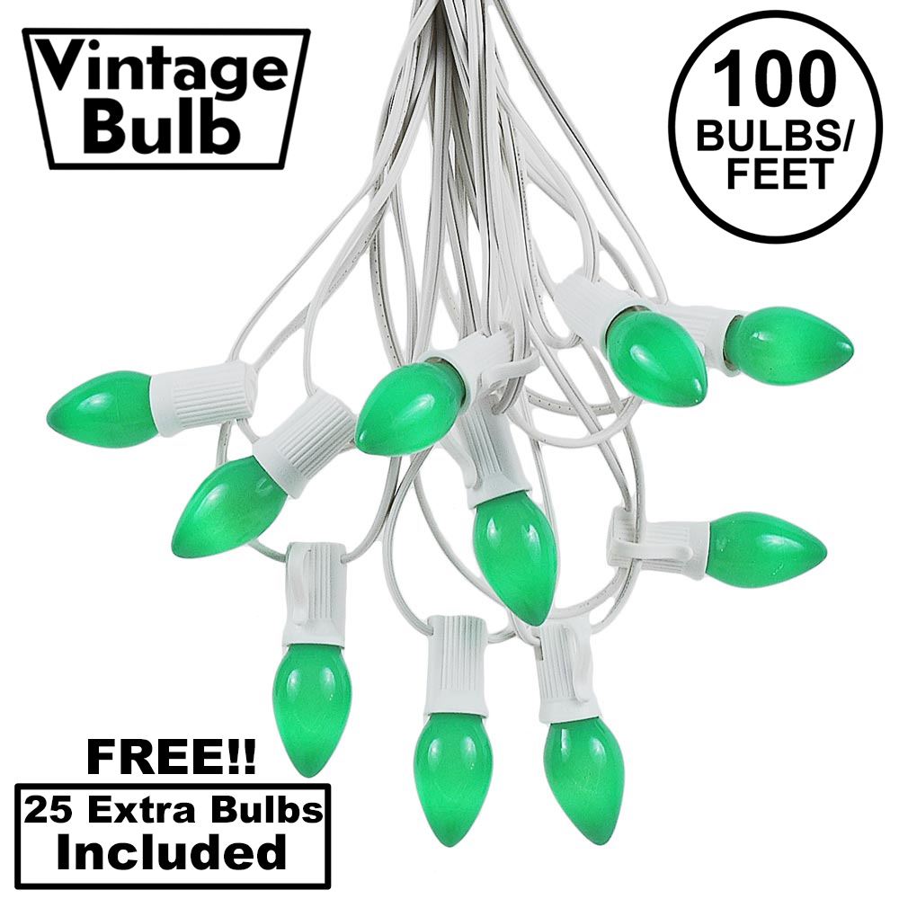 Picture of 100 C7 String Light Set with Green Ceramic Bulbs on White Wire
