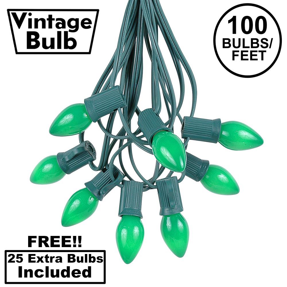 Picture of 100 C7 String Light Set with Green Ceramic Bulbs on Green Wire