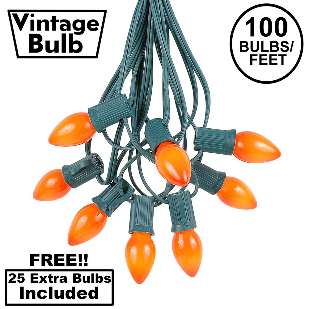 Picture of 100 C7 String Light Set with Orange Ceramic Bulbs on Green Wire