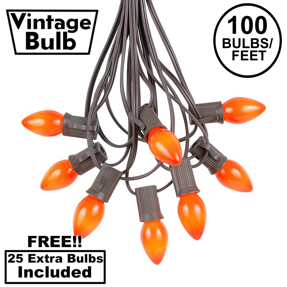 Picture of 100 C7 String Light Set with Orange Ceramic Bulbs on Brown Wire