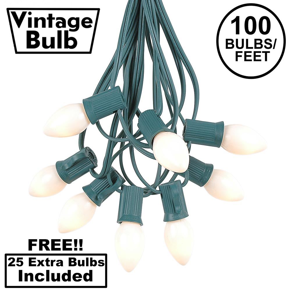 Picture of 100 C7 String Light Set with White Ceramic Bulbs on Green Wire