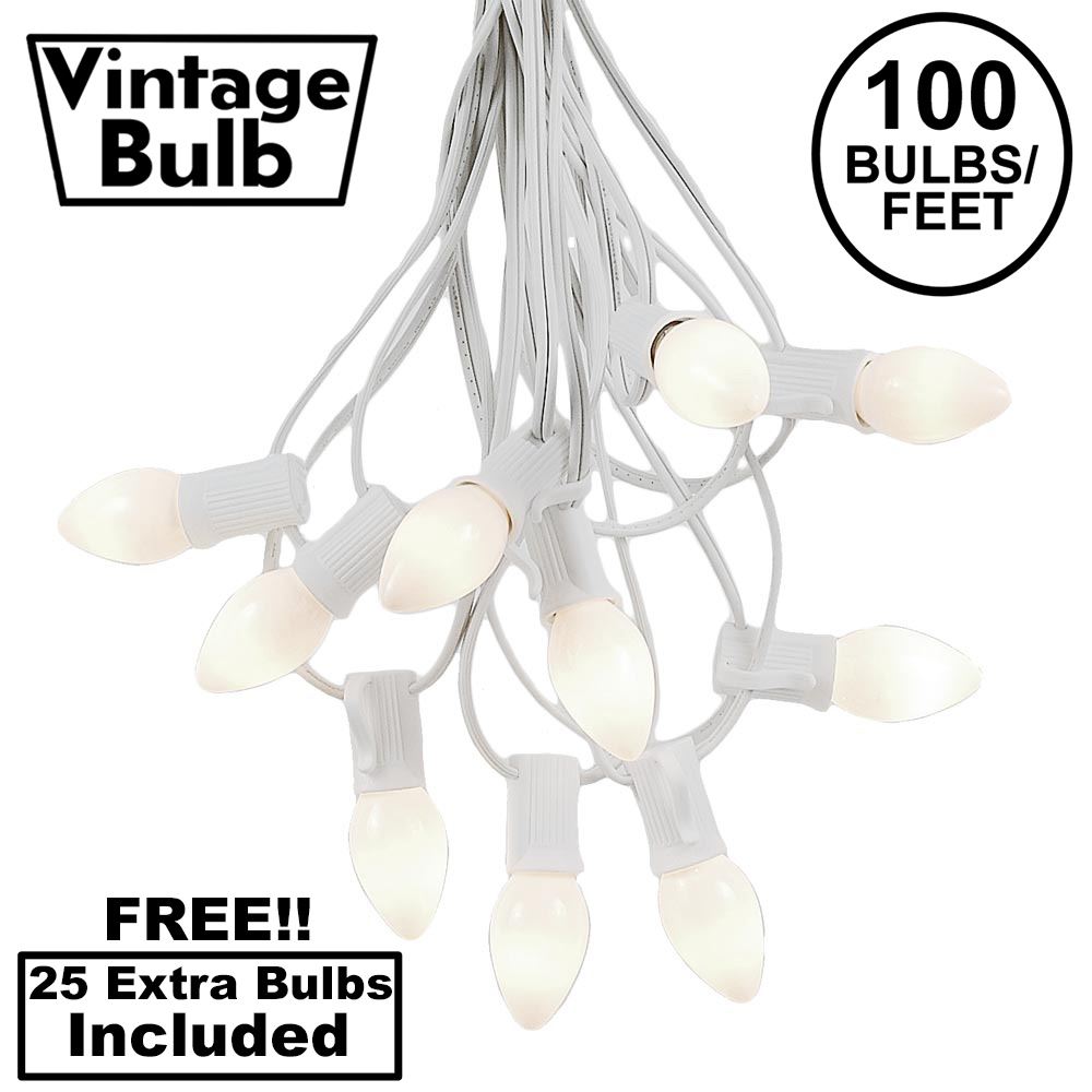Picture of 100 C7 String Light Set with White Ceramic Bulbs on White Wire
