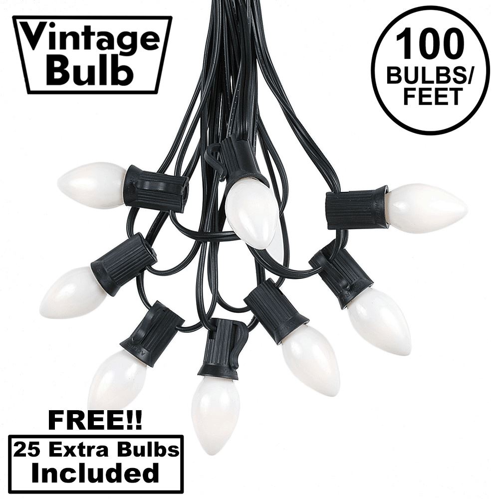 Picture of 100 C7 String Light Set with White Ceramic Bulbs on Black Wire