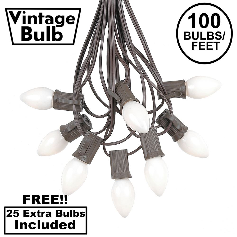 Picture of 100 C7 String Light Set with White Ceramic Bulbs on Brown Wire