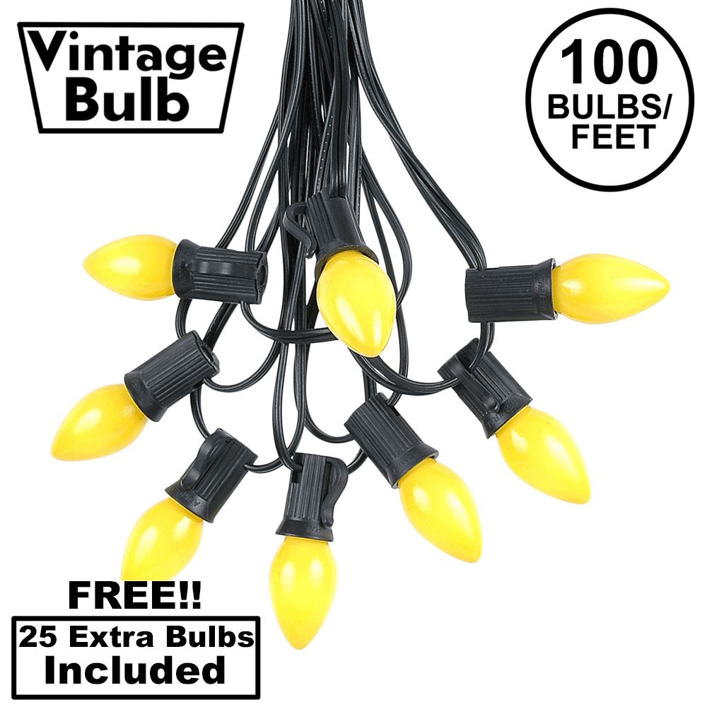 Picture of 100 C7 String Light Set with Yellow Ceramic Bulbs on Black Wire