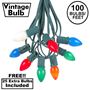 Picture of 100 C7 String Light Set with Multi Colored Ceramic Bulbs on Green Wire