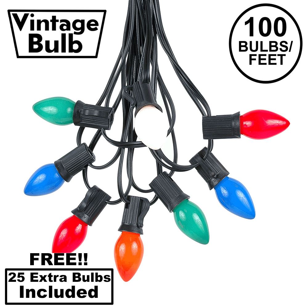 Picture of 100 C7 String Light Set with Multi Colored Ceramic Bulbs on Black Wire