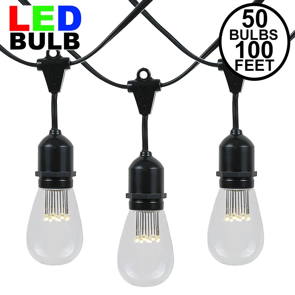 Picture of 50 LED S14 Warm White Commercial Grade Suspended Light String Set on 100' of Black Wire