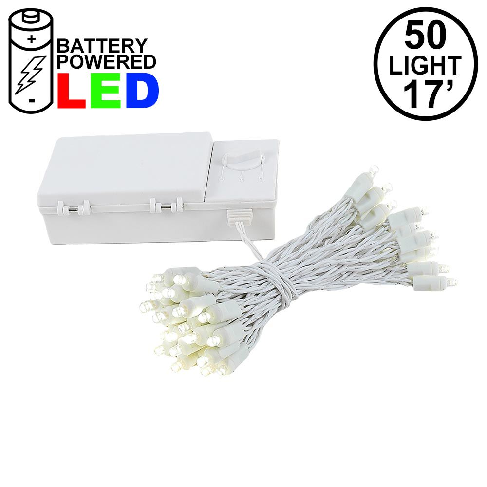 50 LED Battery Operated Christmas Lights Pure White on White Wire - Novelty  Lights Inc