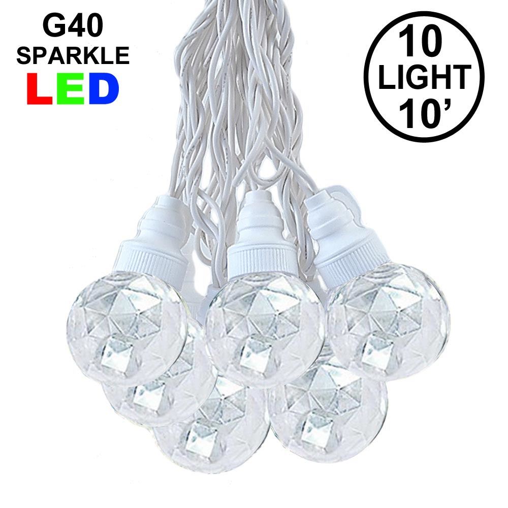 Picture of 10 Pure White Sparkle Orb LED G40 Pre-Lamped String Lights White Wire