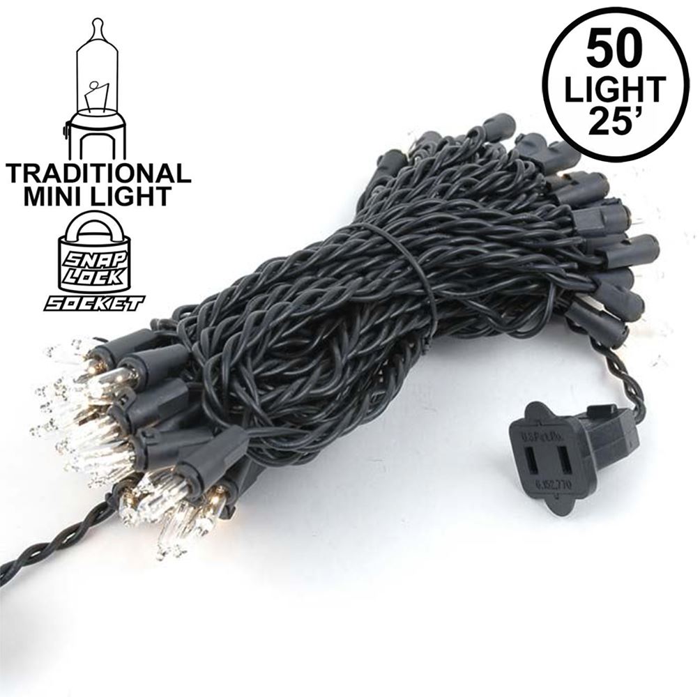 Picture of Black Wire Clear Christmas Mini Lights 50 Light 25 Feet Long