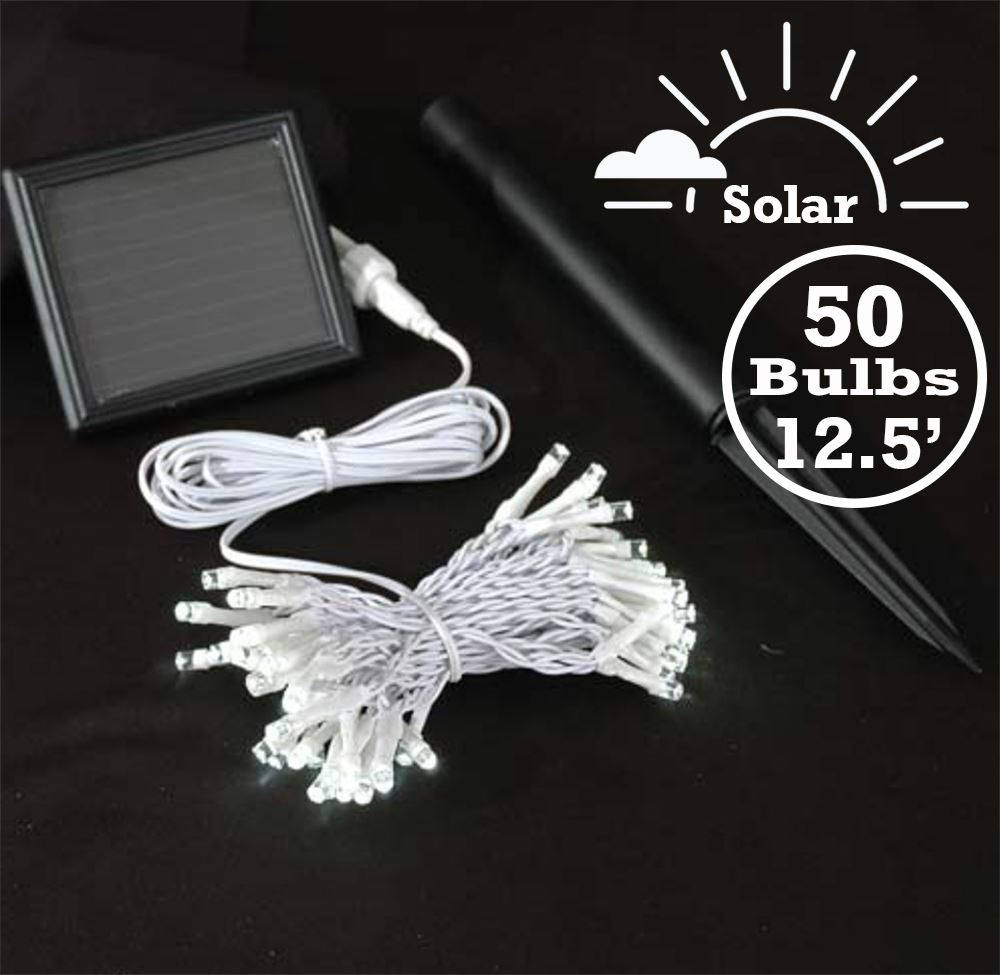 Picture of Warm White LED Solar Powered Lights 50 Light String White Wire