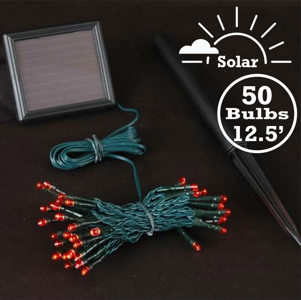 Picture of Red LED Solar Powered Lights 50 Light String Green Wire