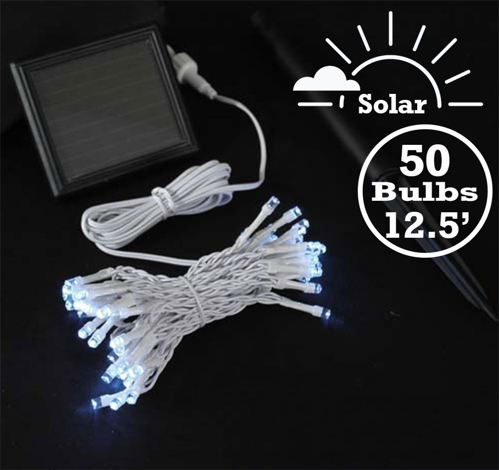 Pure White Solar Christmas Lights With 50 Bulbs On White Wire Novelty Lights Inc
