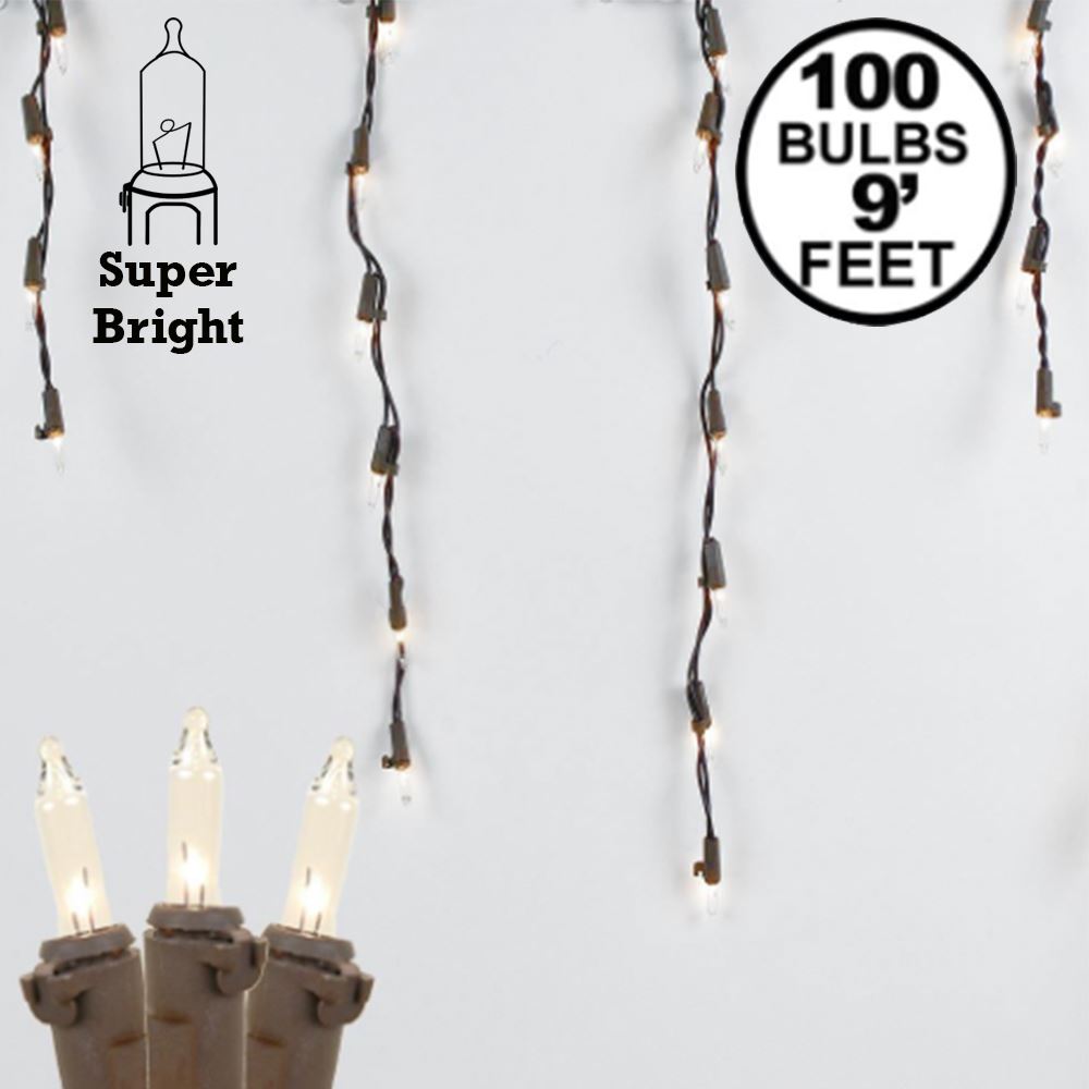 Picture of Clear 100 Light Icicle Lights Brown Wire Medium Drops