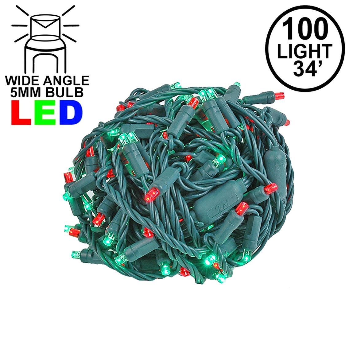 Picture of Commercial Grade Wide Angle 100 LED Red/Green 34' Long on Green Wire