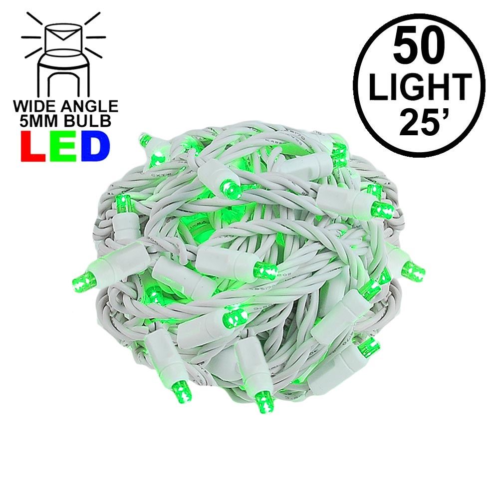 Picture of Commercial Grade Wide Angle 50 LED Green 25' Long on White Wire