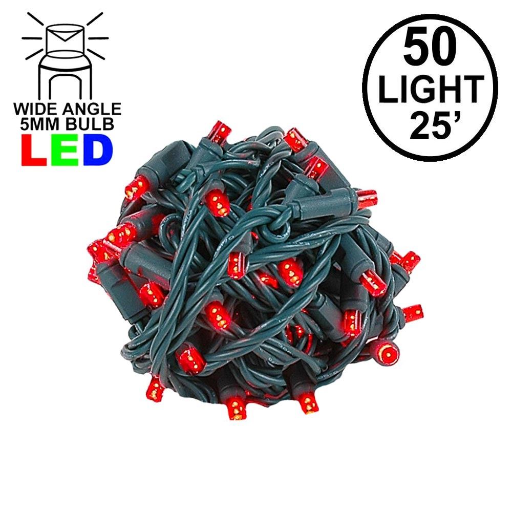 Picture of Commercial Grade Wide Angle 50 LED Red 25' Long on Green Wire