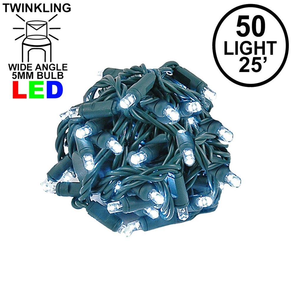 Picture of Twinkle LED Christmas Lights 50 LED Pure White 25' Long Green Wire