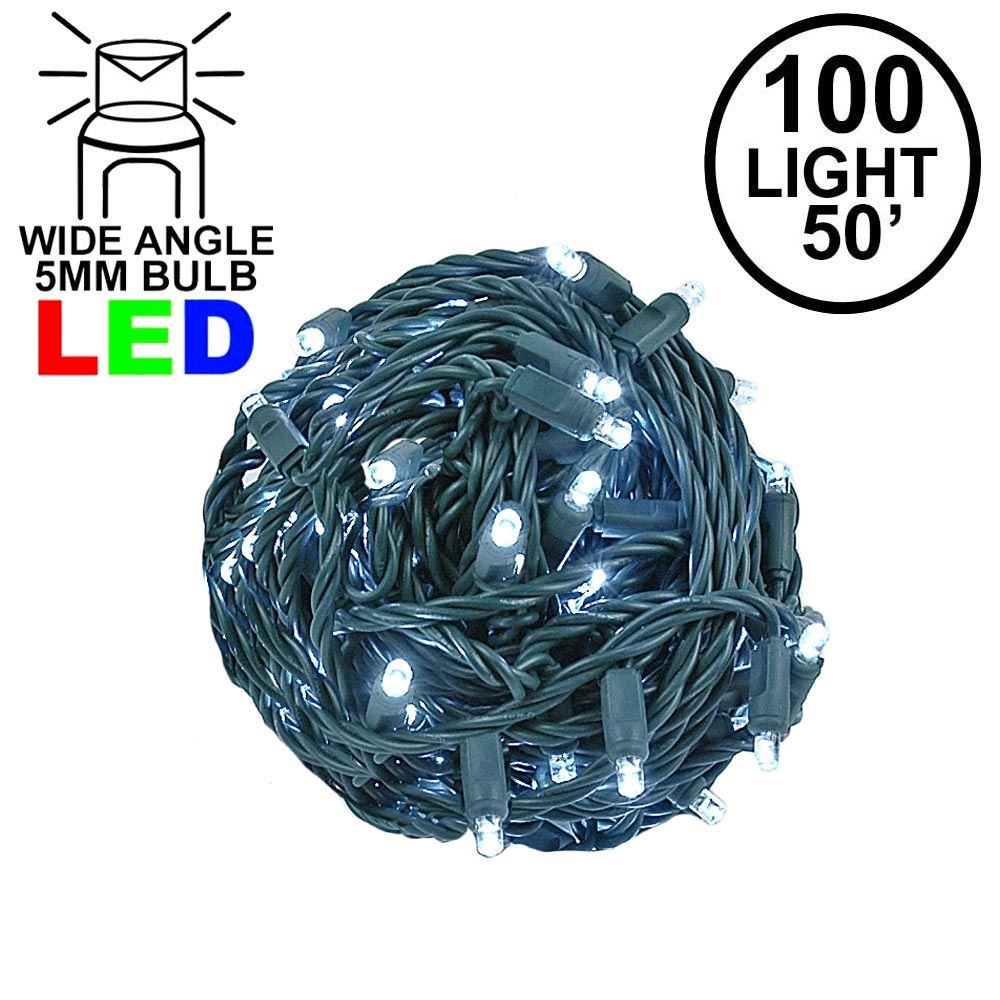 Picture of Commercial Grade Wide Angle 100 LED Pure White 50' Long on Green Wire