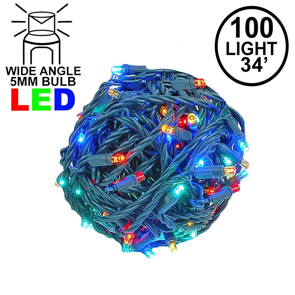 Picture of Commercial Grade Wide Angle 100 LED Multi 34' Long on Green Wire