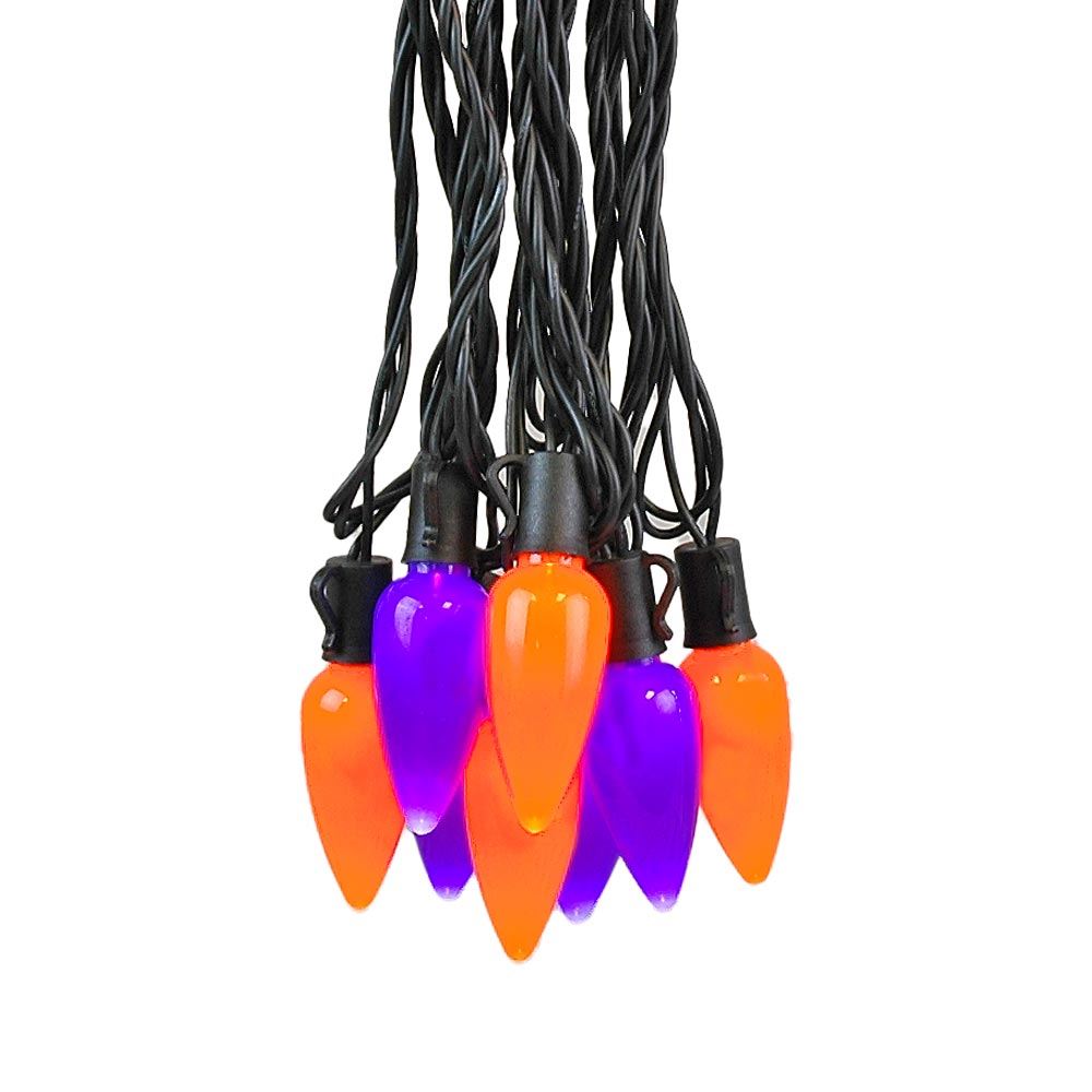 Picture of 25 Purple & Orange Ceramic LED C9 Pre-Lamped String Lights Black Wire
