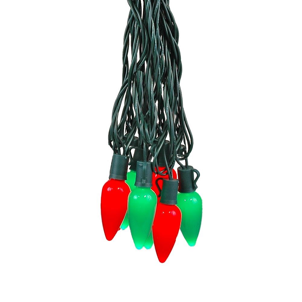 Picture of 25 Red & Green Ceramic LED C9 Pre-Lamped String Lights Green Wire