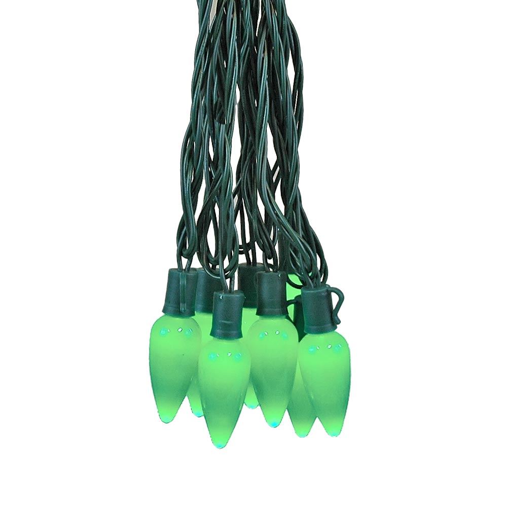 Picture of 25 Green Ceramic LED C9 Pre-Lamped String Lights Green Wire