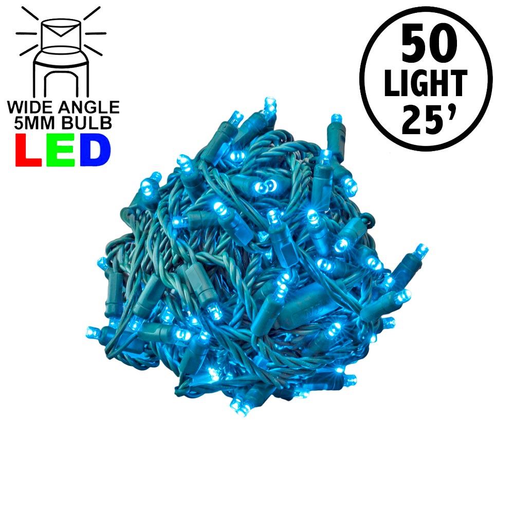 Picture of Commercial Grade Wide Angle 50 LED Teal 25' Long on Green Wire