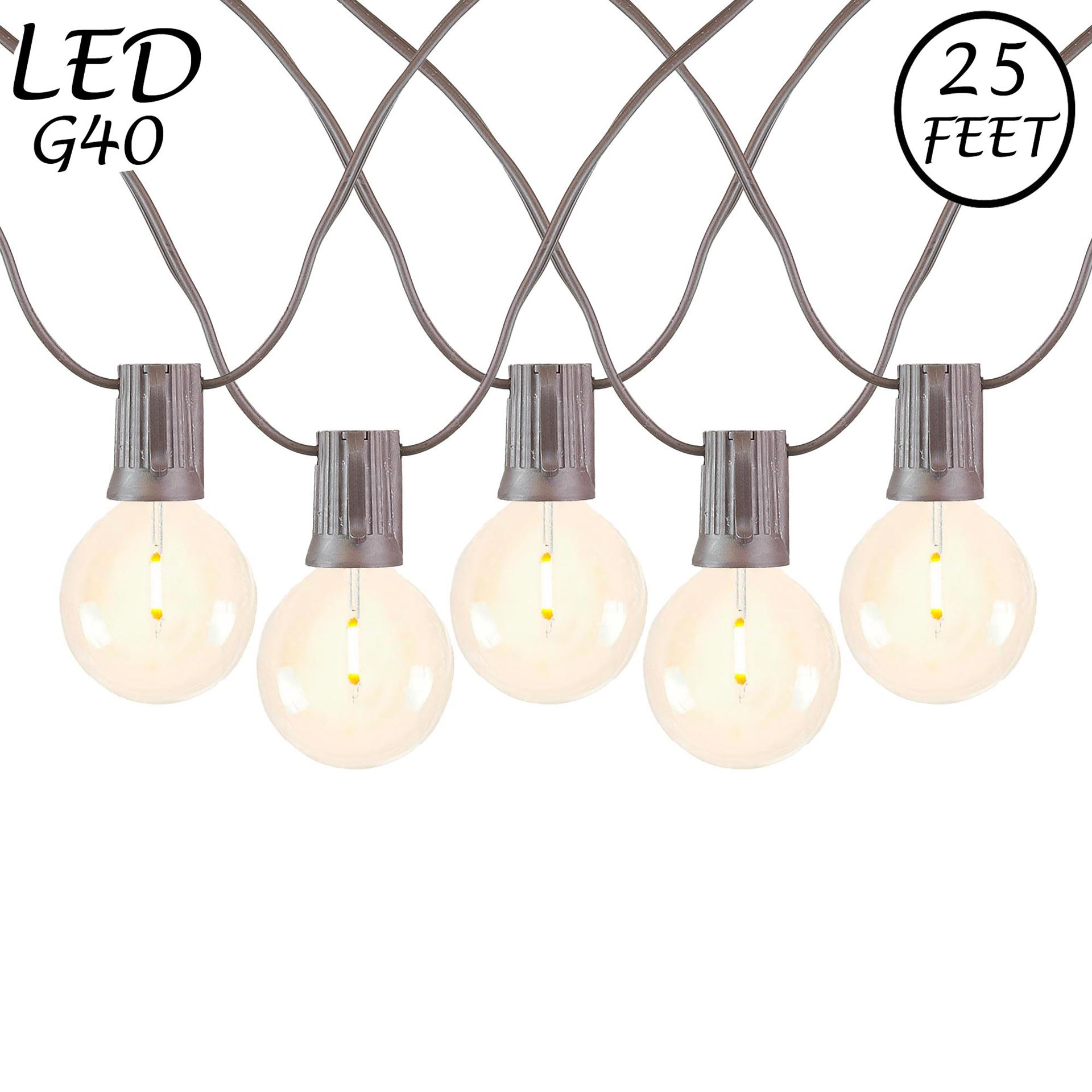 Picture of 25 LED Filament G40 Globe String Light Set with Warm White Bulbs on Brown Wire