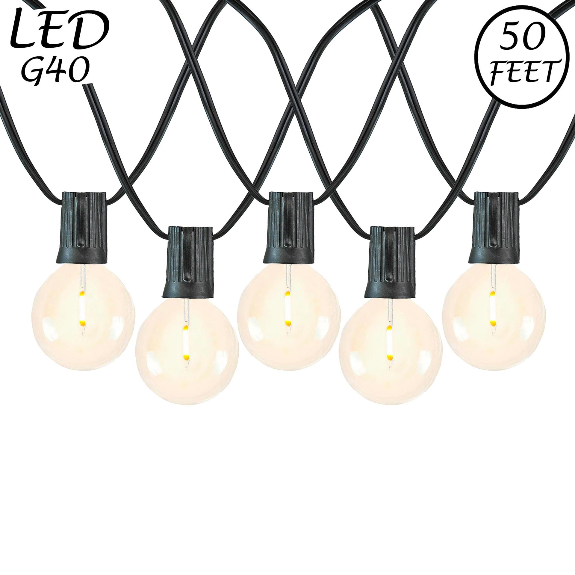Picture of 50 LED Filament G40 Globe String Light Set with Warm White Bulbs on Black Wire