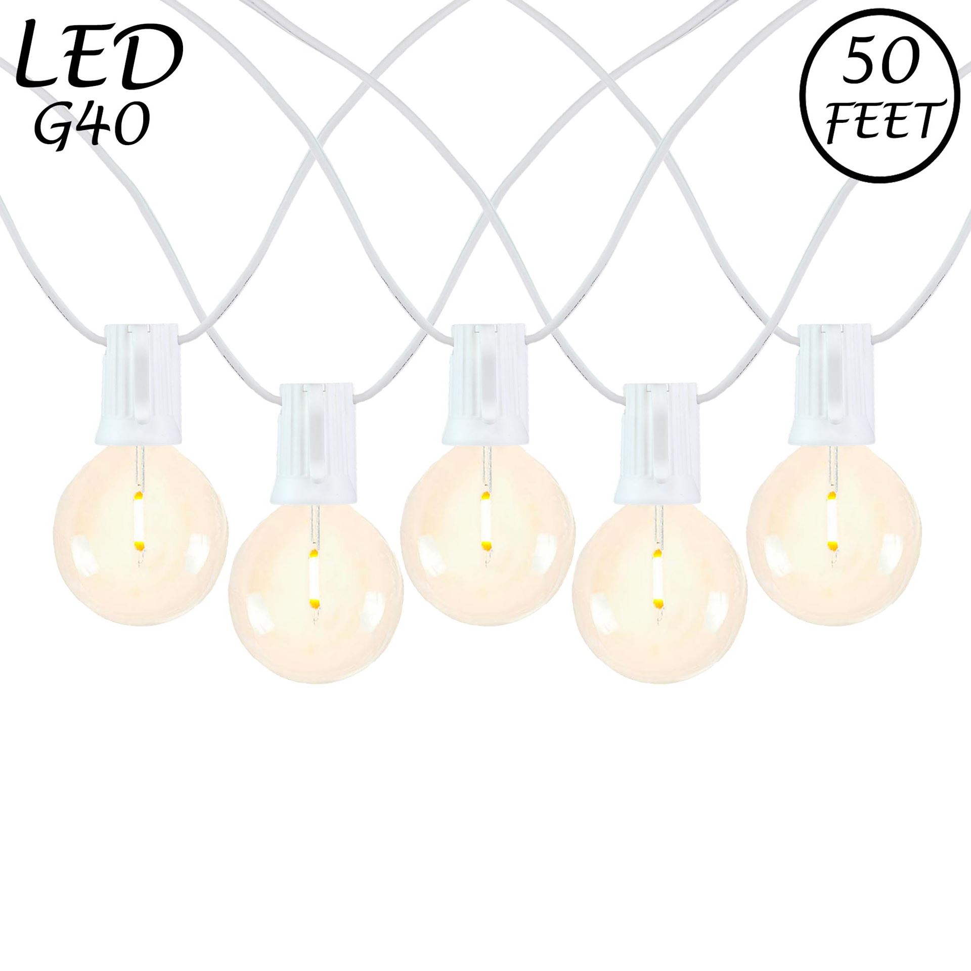 Picture of 50 LED Filament G40 Globe String Light Set with Warm White Bulbs on White Wire
