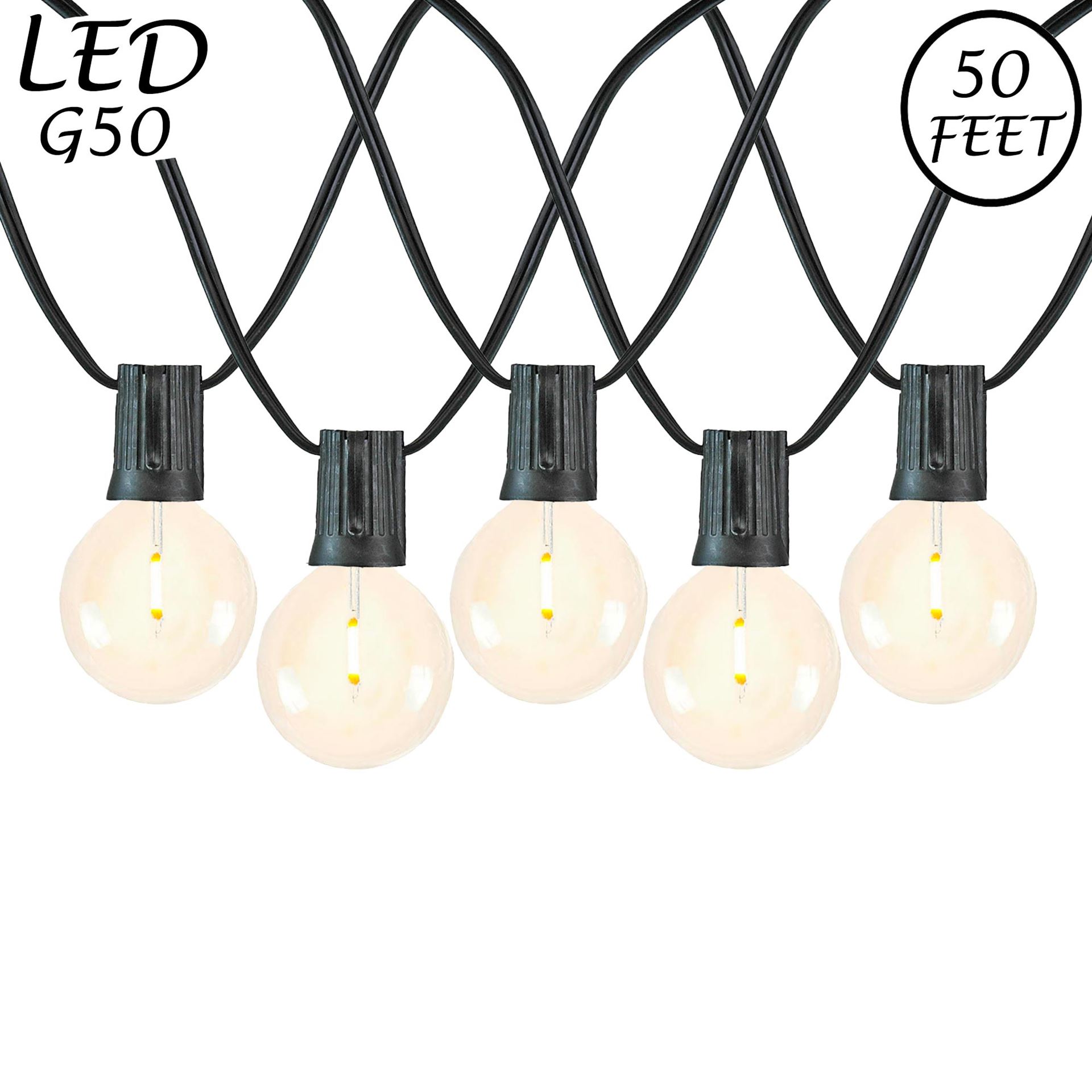 Picture of 50 LED Filament G50 Globe String Light Set with Warm White Bulbs on Black Wire