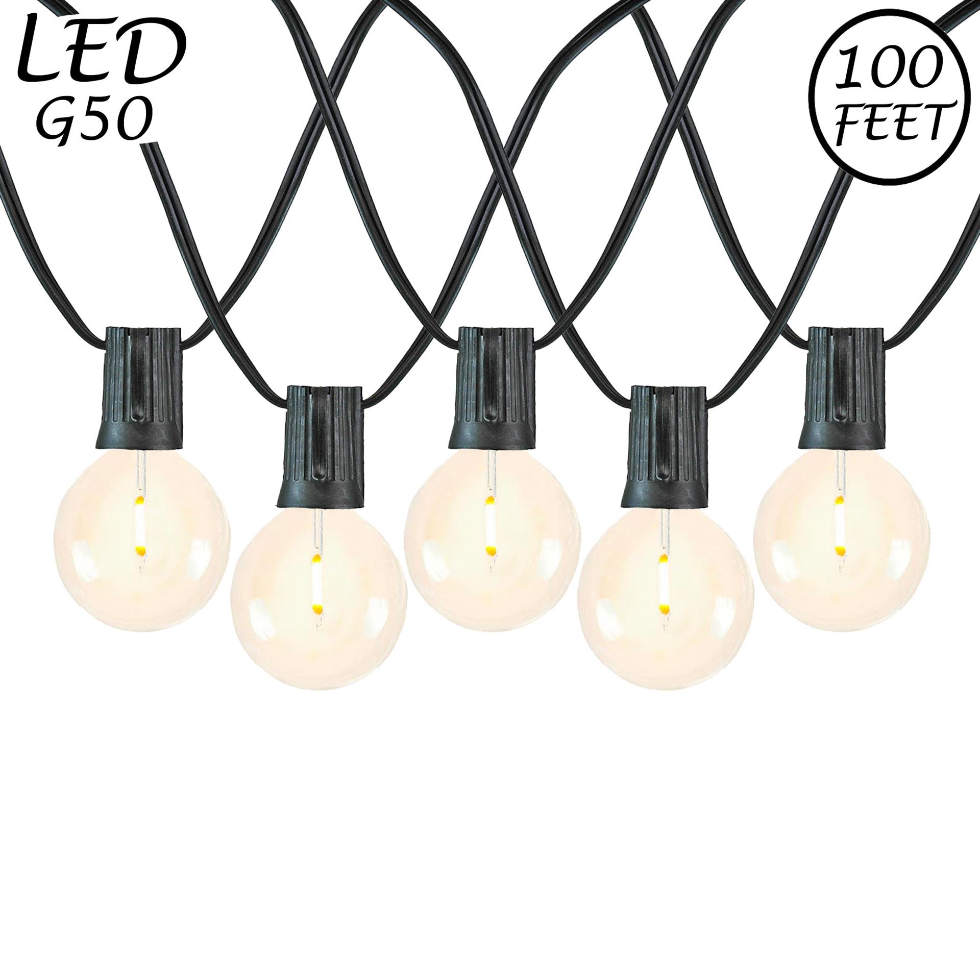 Picture of 67 LED Filament G50 Globe String Light Set with Warm White Bulbs on Black Wire
