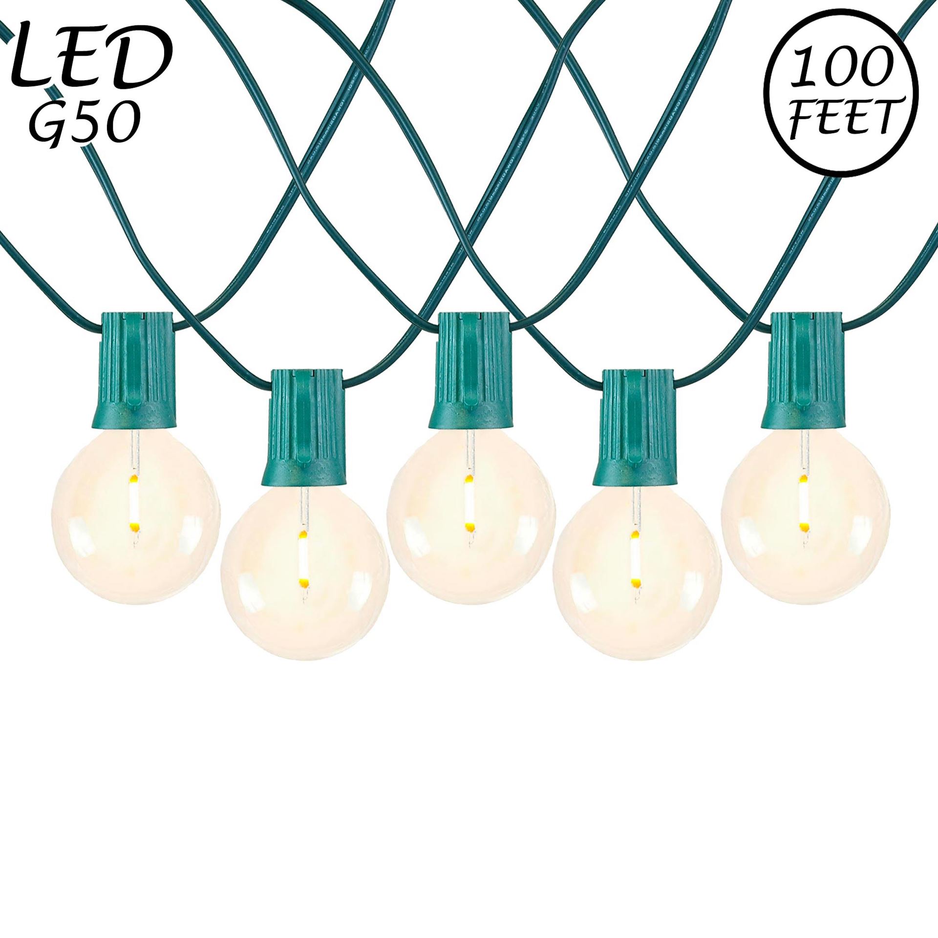 Picture of 67 LED Filament G50 Globe String Light Set with Warm White Bulbs on Green Wire