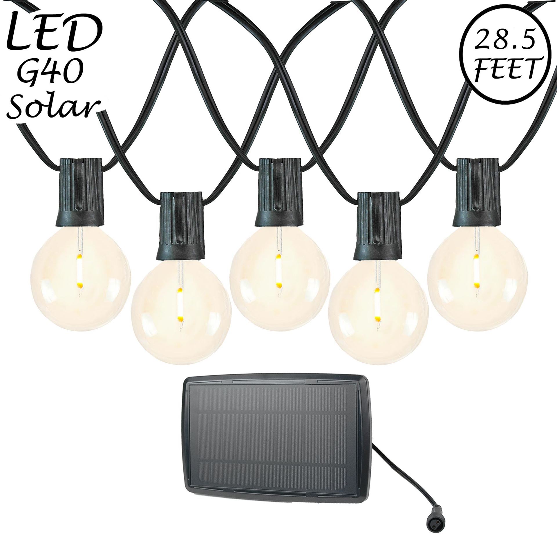 Picture of 25 Solar LED Filament G40 Globe String Light Set with Warm White Bulbs on Black Wire