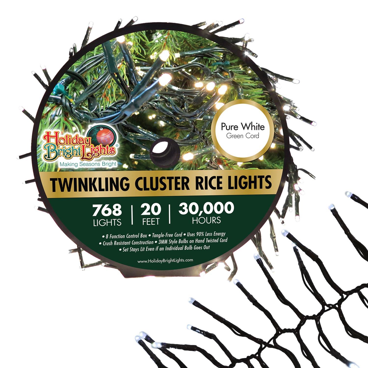 Picture of LED Twinkling Cluster Rice Light Set - 768 Pure White Lights on Green Wire