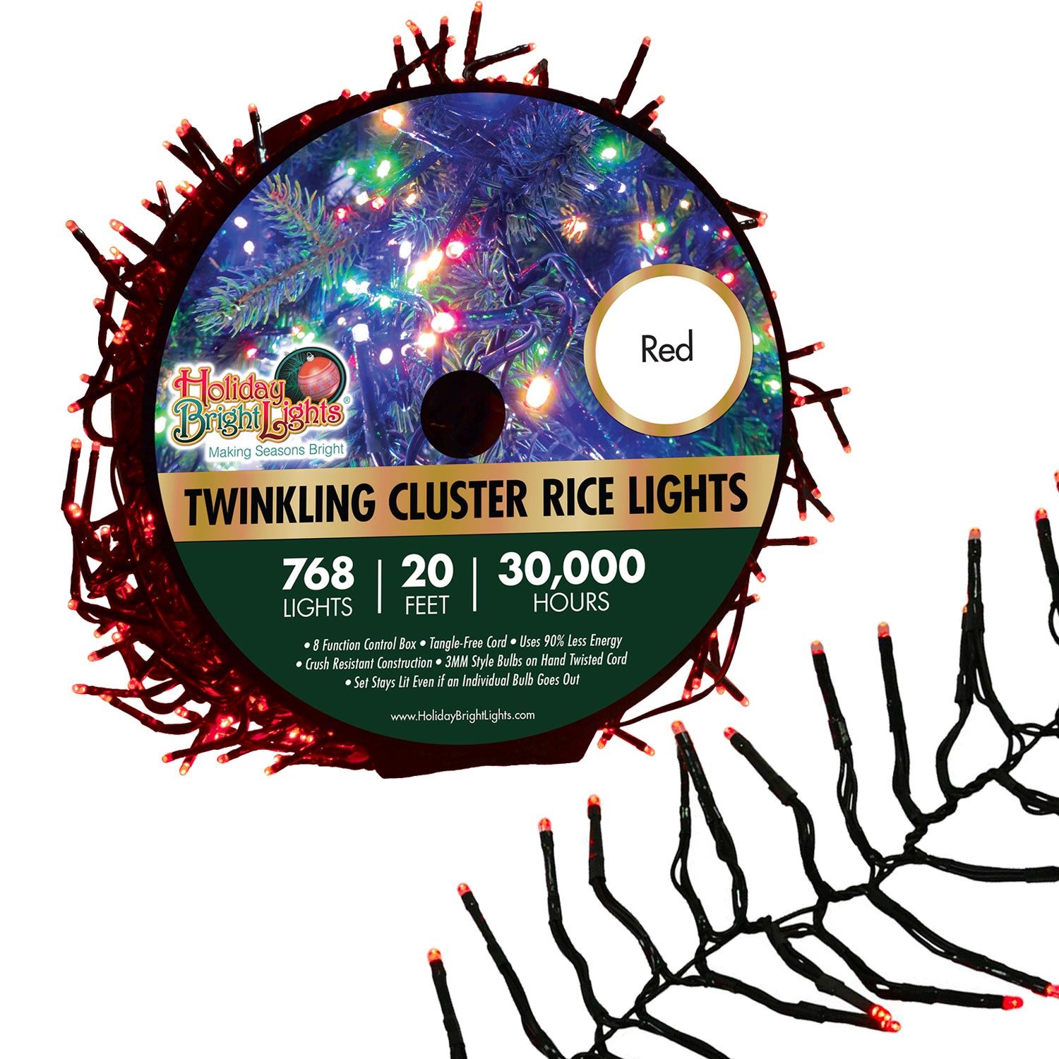 Picture of LED Twinkling Cluster Rice Light Set - 768 Red Lights on Green Wire