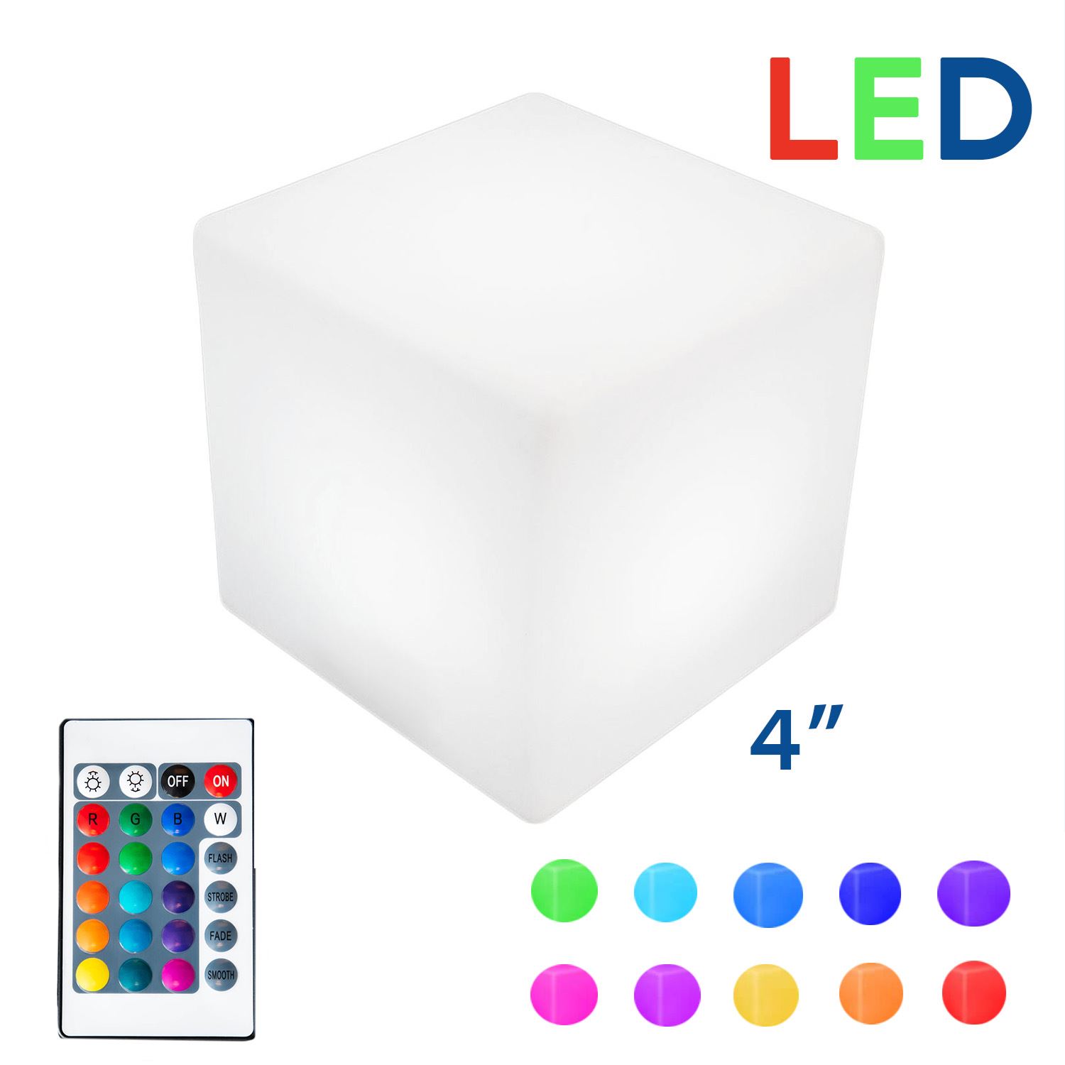 Picture of 4 Inch Plastic LED Cube, RGBW, Rechargeable, Waterproof, Remote Controlled