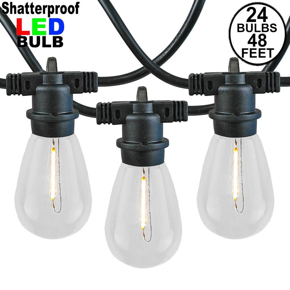 Picture of 24 Warm White Plastic LED S14 Commercial Grade Light String Set on 48' of Black Wire Shatterproof