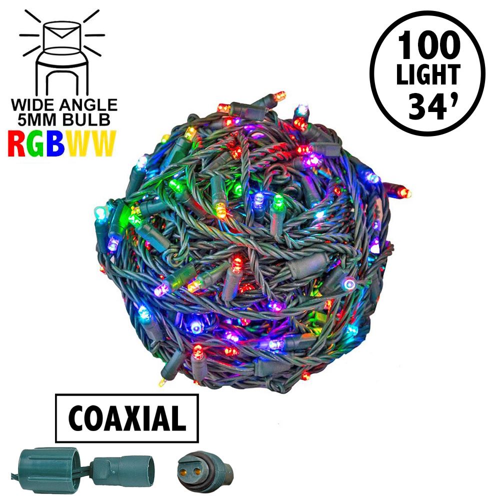 Picture of 100 RGB + Warm White LED 4" Spacing Green Wire Coaxial w/o Power Supply & Remote