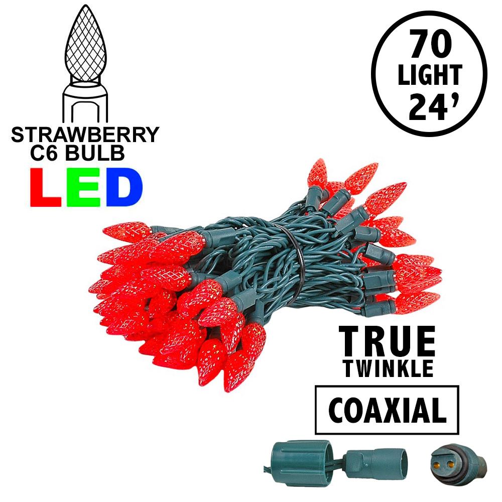 Picture of Coaxial *NEW* True Twinkle Red 70 LED C6 Strawberry Mini Lights Commercial Grade on Green Wire