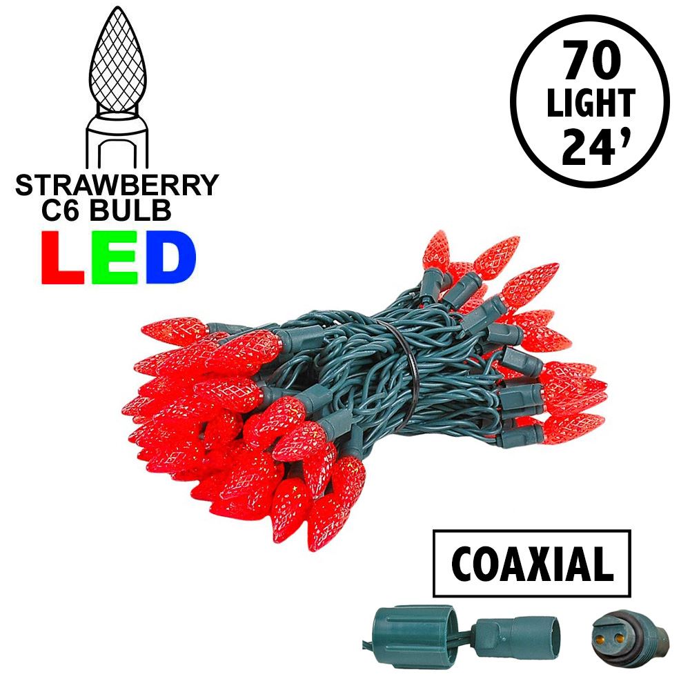Picture of Coaxial Red 70 LED C6 Strawberry Mini Lights Commercial Grade on Green Wire