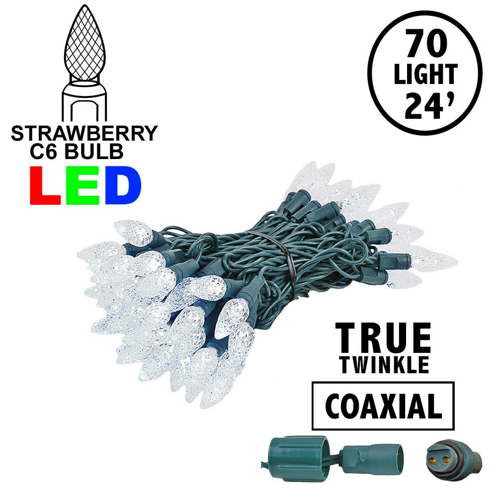 Picture of Coaxial *NEW* True Twinkle Pure White 70 LED C6 Strawberry Mini Lights Commercial Grade on Green Wire
