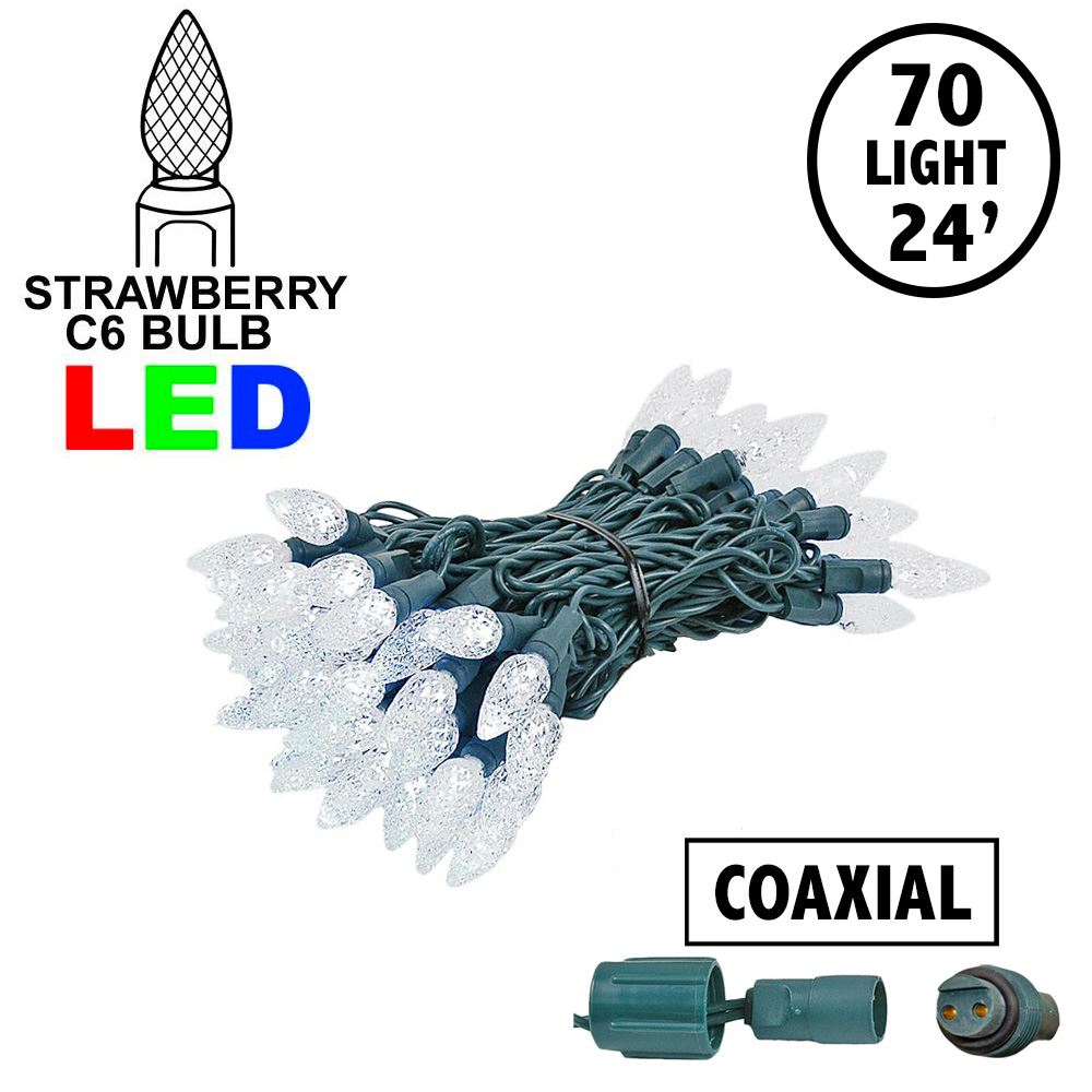 Picture of Coaxial Pure White 70 LED C6 Strawberry Mini Lights Commercial Grade on Green Wire