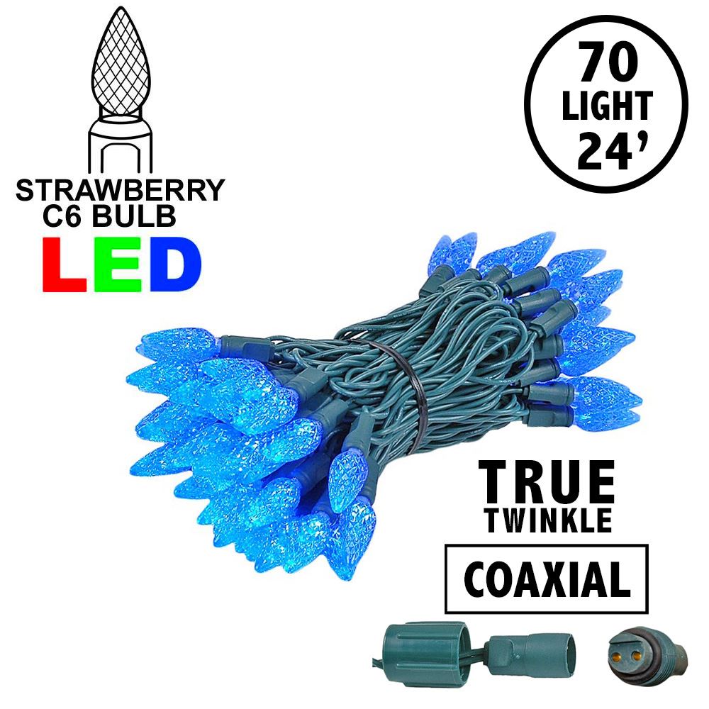 Picture of Coaxial *NEW* True Twinkle Blue 70 LED C6 Strawberry Mini Lights Commercial Grade on Green Wire