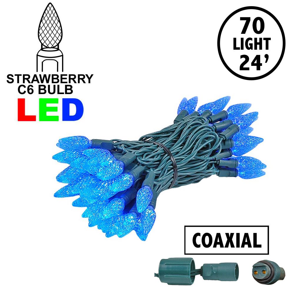 Picture of Coaxial Blue 70 LED C6 Strawberry Mini Lights Commercial Grade on Green Wire