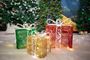Picture of 9 in., 12 in. & 15 in. Red/Green/Gold Gift Boxes with 100 Steady & Twinkle LED Lights (Set of 3)