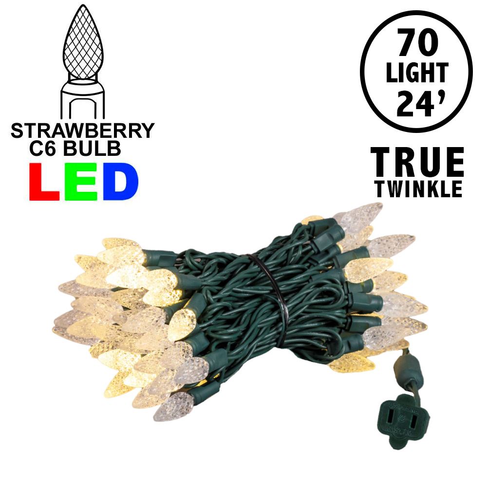 Picture of *NEW* True Twinkle Warm White 70 LED C6 Strawberry Mini Lights Commercial Grade on Green Wire