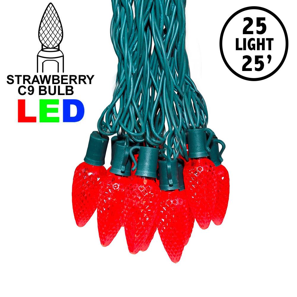Picture of 25 Red C9 LED Pre-Lamped String Lights Green Wire